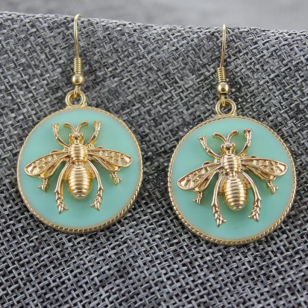 NWT Honey Bee Earrings | Gold + Emerald Green - Picture 3 of 16
